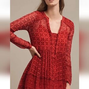 Maeve Red Long Sleeve Tiered Boho Dress